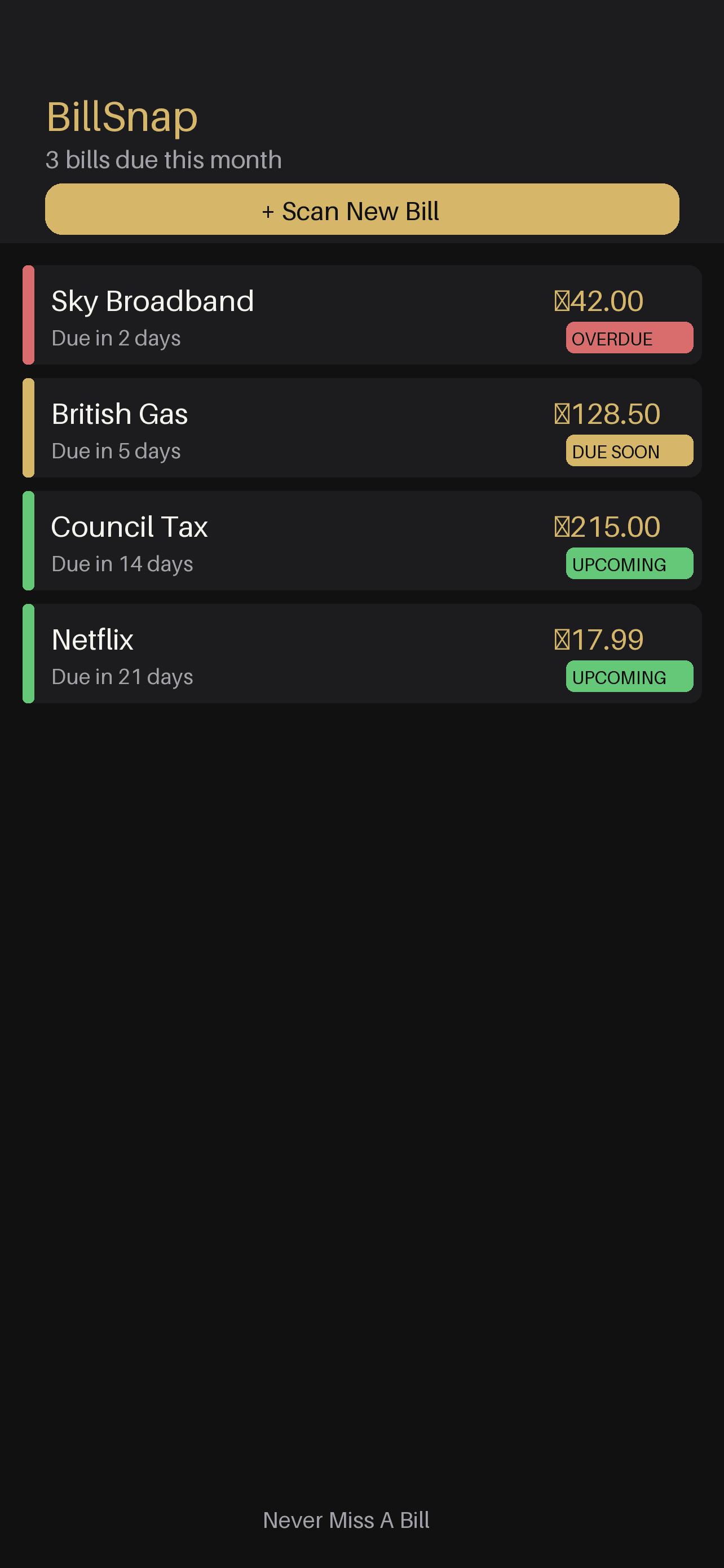 BillSnap home screen